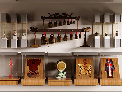 Ceramic Vessels Displayed In Wooden And Glass Museum Cabinets With Bronze Bells Clothing Models 3d model