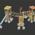 Wooden Children's Playground Structure With Slide Climbing Frame Stairs And Green Pillars