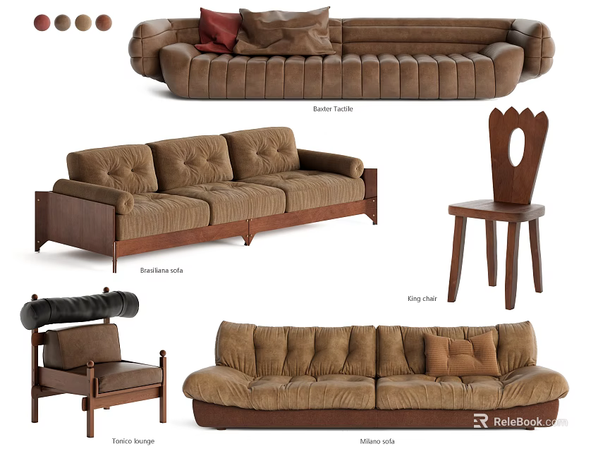 Brown Three Seater Sofa With Boucle And Velvet Upholstery Design Styles 3d model 