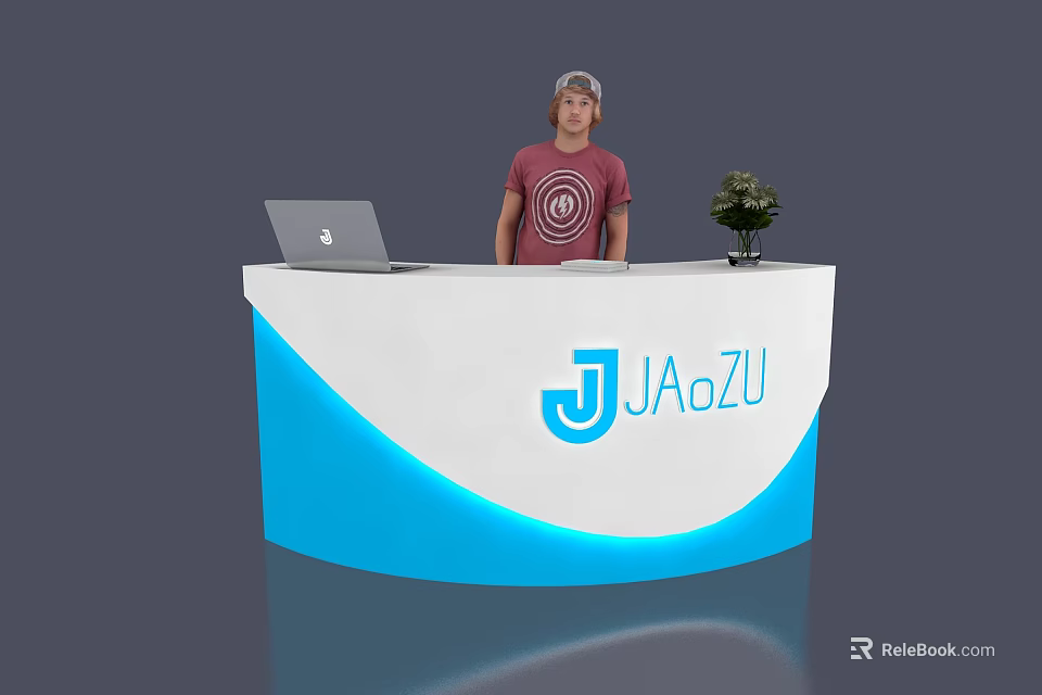 Modern White and Blue Curved Reception Desk With Laptop Small Plant JIAoZU Logo and Person Behind 3d model 