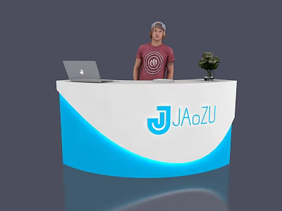 Modern White and Blue Curved Reception Desk With Laptop Small Plant JIAoZU Logo and Person Behind 3d model