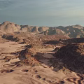 Scenic Desert Landscape With Rugged Mountain Range And Golden Sunset Sky