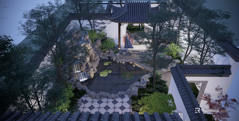 Traditional Chinese Garden Landscape With Pavilion Pond Rockery Green Plants And Stone Path 3d model 