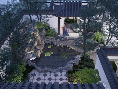 Traditional Chinese Garden Landscape With Pavilion Pond Rockery Green Plants And Stone Path 3d model
