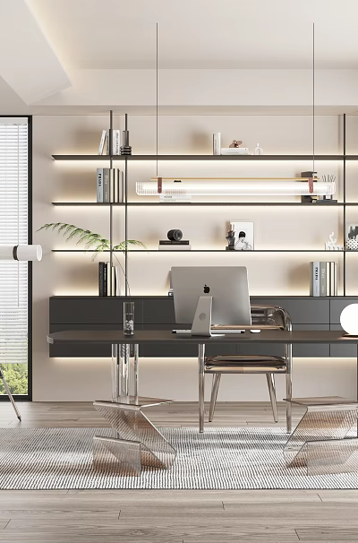 Modern Home Office With Open Bookshelves LED Lighting Desk Computer Chair Large Windows Potted Plant 3d model