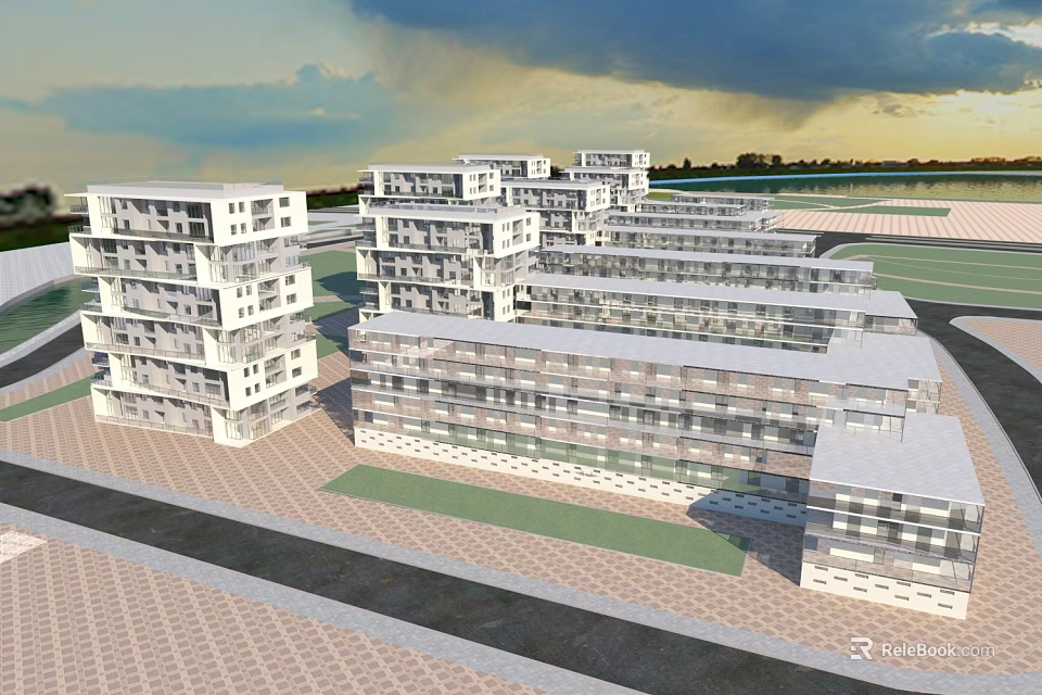 Modern Multi storey Residential Buildings Featuring Geometric Facade And Open Green Space 3d model 