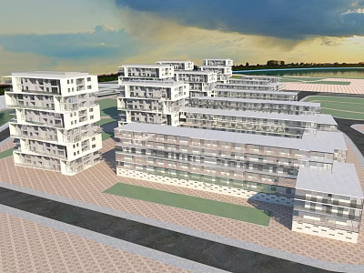 Modern Multi storey Residential Buildings Featuring Geometric Facade And Open Green Space 3d model
