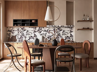 Modern Restaurant Interior With Wooden Cabinets Pendant Light Patterned Tile Backsplash Dining Table And Chairs 3d model