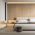 Minimalist Modern Bedroom Interior Design With Wooden Accent Wall White Bed And Armchair