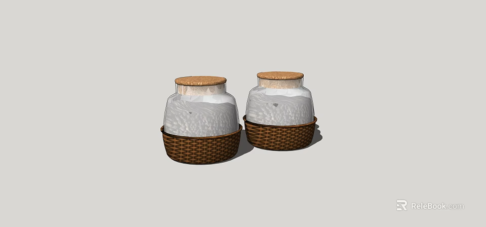 Two White Spice Jars With Wicker Basket Bases And Wooden Lids 3d model 