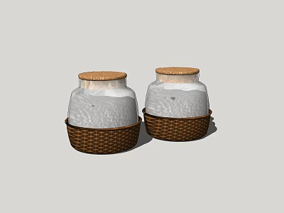 Two White Spice Jars With Wicker Basket Bases And Wooden Lids 3d model