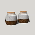 Two White Spice Jars With Wicker Basket Bases And Wooden Lids