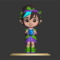 Adorable Forest Elf With Leaf Headpiece In Purple Green Outfit Holding Blue Orb On Base