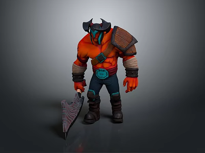 Red Skinned Game Movie Character With Horned Helmet Armored Shoulders And Weapon 3d model