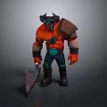 Red Skinned Game Movie Character With Horned Helmet Armored Shoulders And Weapon
