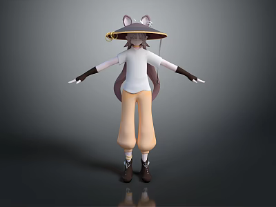 3D Character With Animal Ear Hat White Top Beige Pants Black Gloves Standing Arms Outstretched 3d model