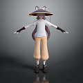 3D Character With Animal Ear Hat White Top Beige Pants Black Gloves Standing Arms Outstretched