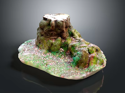 Tree Stump With Rough Surface Covered In Green Moss And Natural Ground Cover 3d model