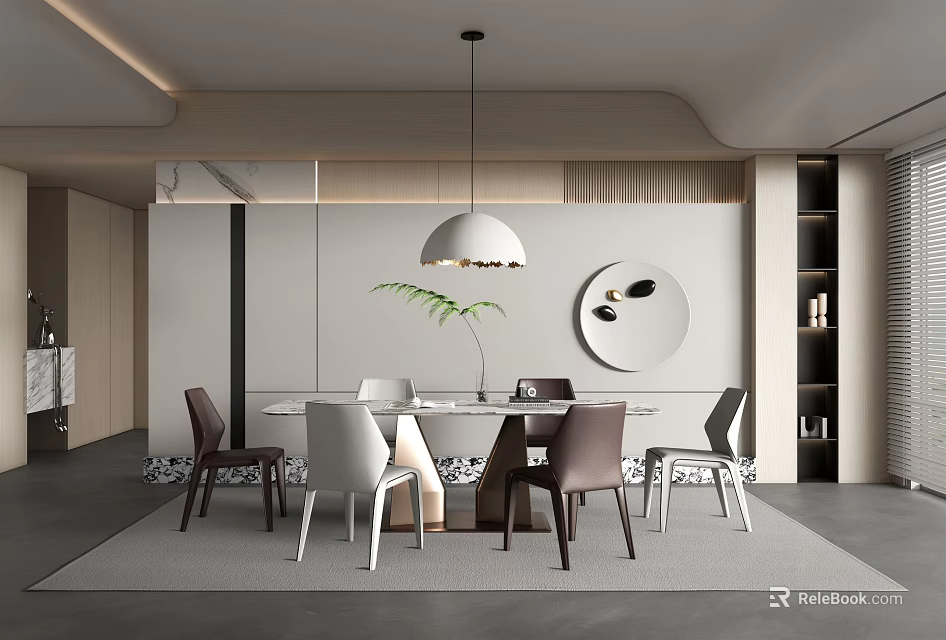 Elegant Modern Restaurant Interior With Dining Table Chairs Pendant Light And Wall Decor 3d model