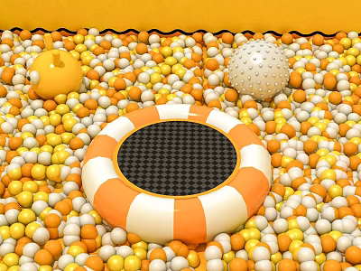 Fun Orange and White Trampoline Play Equipment in Colorful Ball Pit With Yellow Spiky Balls 3d model