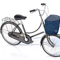 Vintage Dark Colored Bicycle With Blue Mesh Basket And Rear Metal Rack