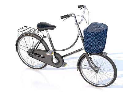 Vintage Dark Colored Bicycle With Blue Mesh Basket And Rear Metal Rack 3d model