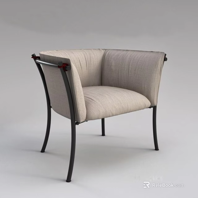 Light Beige Linen Single Sofa With Black Metal Legs And Curved Backrest 3d model 