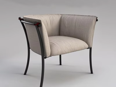 Light Beige Linen Single Sofa With Black Metal Legs And Curved Backrest 3d model