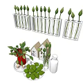 Decorative Ornamental Set With Test Tube Plants Red Pot House Model White Vase Green Decor