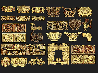 Intricate Golden Traditional Carvings With Decorative Patterns And Various Shapes 3d model