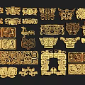 Intricate Golden Traditional Carvings With Decorative Patterns And Various Shapes