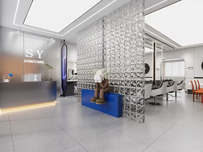 Elegant Luxury Beauty Salon Interior Design with Reception Desk Transparent Partition Seats And Sculpture 3d model
