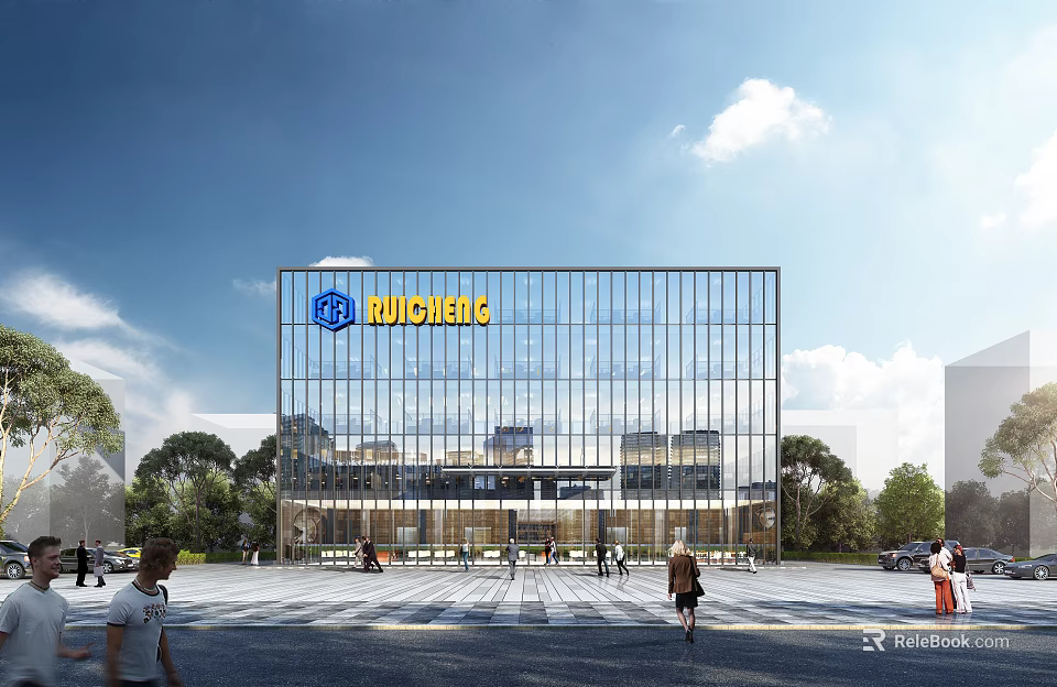 Modern Commercial Office Building With Glass Facade Borige Signage And Plaza Area 3d model 