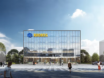 Modern Commercial Office Building With Glass Facade Borige Signage And Plaza Area 3d model