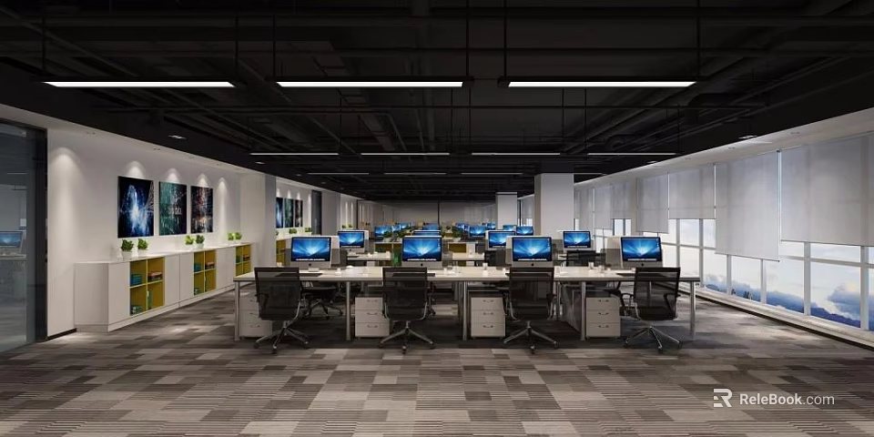 Modern Public Office Space With Open Layout Workstations Computers And Ergonomic Chairs 3d model 