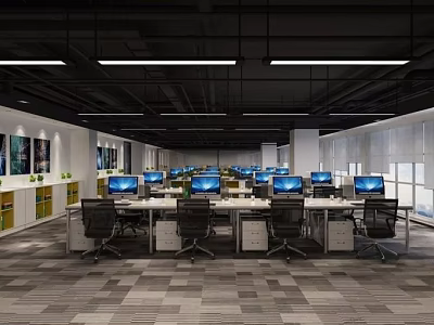 Modern Public Office Space With Open Layout Workstations Computers And Ergonomic Chairs 3d model