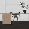 Minimalist Wooden Desk With Comfortable Chair Vase Green Plant And Storage Cabinet