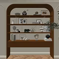 Decorative Ornaments Combination on Modern Wooden Shelf with Photo Frames Sculpture Vase and Potted Plant