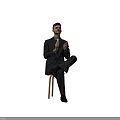 Man in Black Suit With Tie Sitting on Chair Clapping Hands Against Light Purple Background