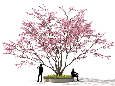 Ornamental Bonsai Plant with Pink Flowers Lush Branches and Yellow Blooms Around Circular Base 3d model