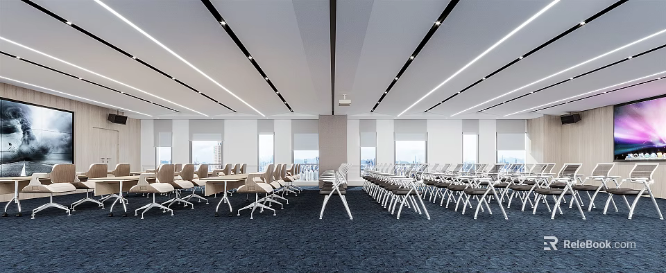 Modern Meeting Room Interior with Arranged Tables Chairs Ceiling Lights and Windows 3d model 
