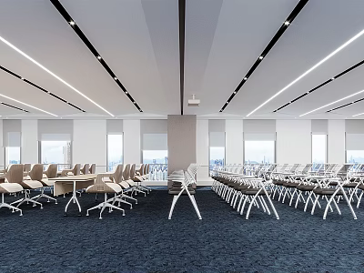 Modern Meeting Room Interior with Arranged Tables Chairs Ceiling Lights and Windows 3d model