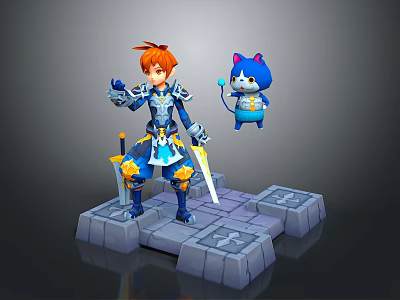 Orange Haired Character in Blue Armor Holding Swords with Blue Cat Creature on Stone Platform 3d model