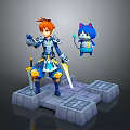 Orange Haired Character in Blue Armor Holding Swords with Blue Cat Creature on Stone Platform