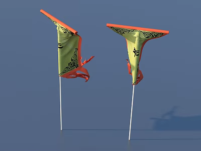 Decorative Flags With Green Body Orange Edges And Black Patterns On White Poles 3d model