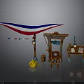 Outdoor Market Scene With Triangular Flag Wooden Stall Street Lamp Barrel Bench And Yellow Flowers
