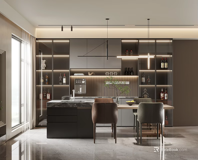 Modern Restaurant Open Kitchen Interior Design With Island Counter Wine Racks Pendant Lights 3d model 
