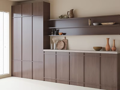 Modern Wooden Kitchen Cabinets With Open Shelves And Decorative Vases Bowls 3d model