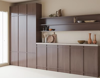 Modern Wooden Kitchen Cabinets With Open Shelves And Decorative Vases Bowls 3d model