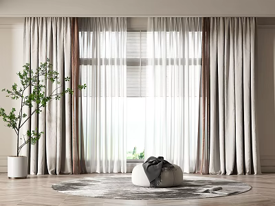 Light Colored Floor Length Curtains With Sheer Blinds Green Plant And Pouf By Window 3d model